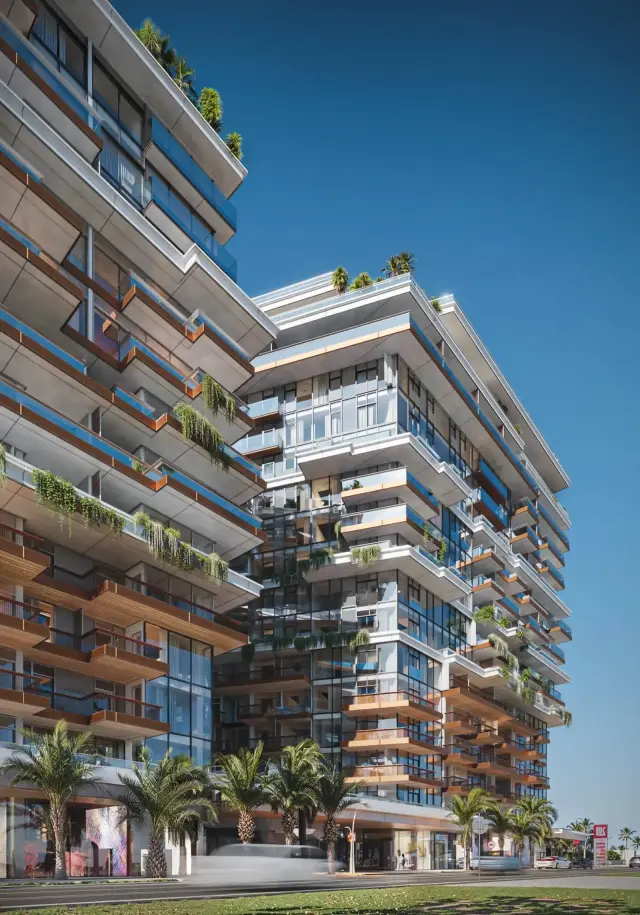 NEXT Gardens tower facade close-up with landscaped balconies
