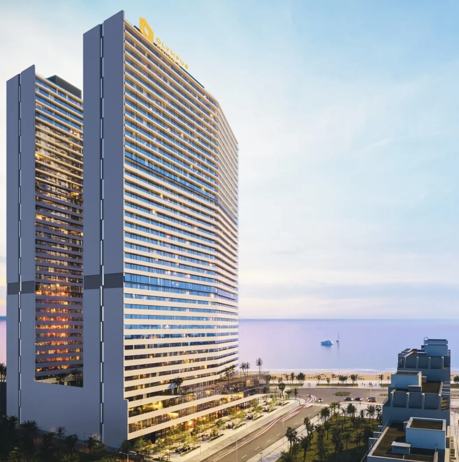 Olympus Residence tower exterior render at dusk, seafront
