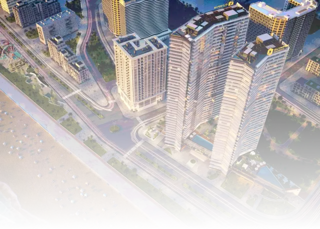 Aerial render of Olympus Residence towers along the Batumi coastline
