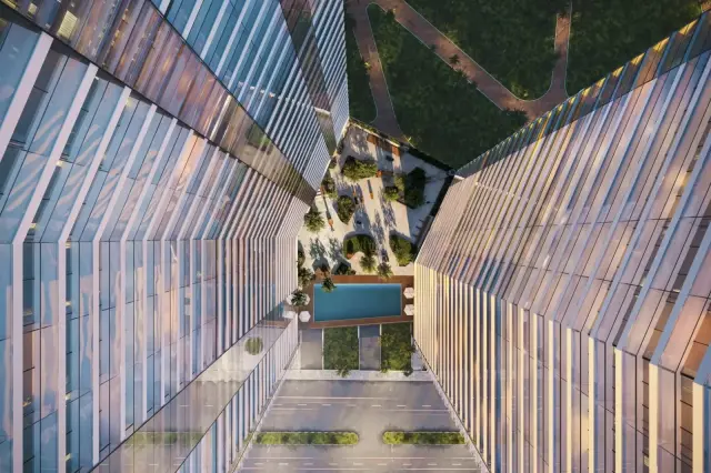 Olympus Residence rooftop courtyard and pool, aerial render