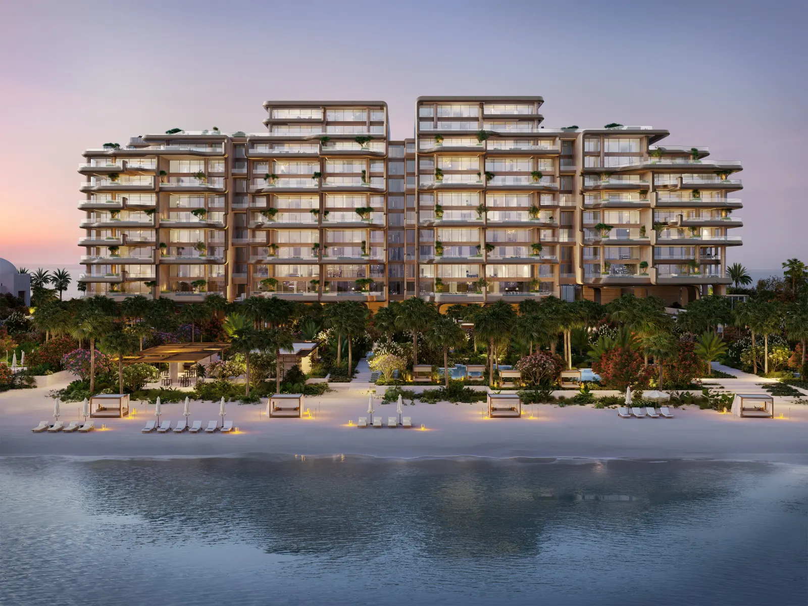 ONE at Palm Jumeirah, low-rise beachfront building exterior at dusk