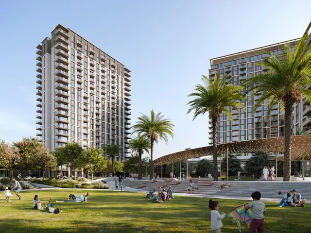 Oria towers overlooking a landscaped park at Dubai Creek Harbour