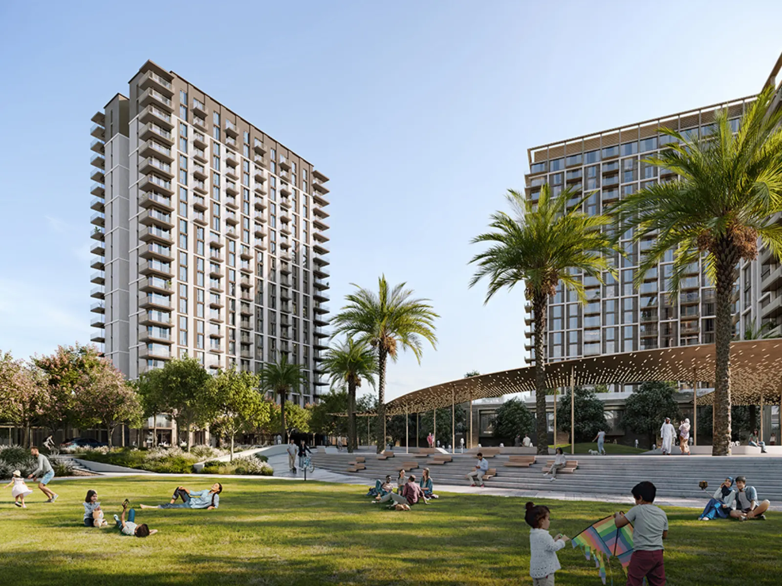 Oria towers overlooking a landscaped park at Dubai Creek Harbour