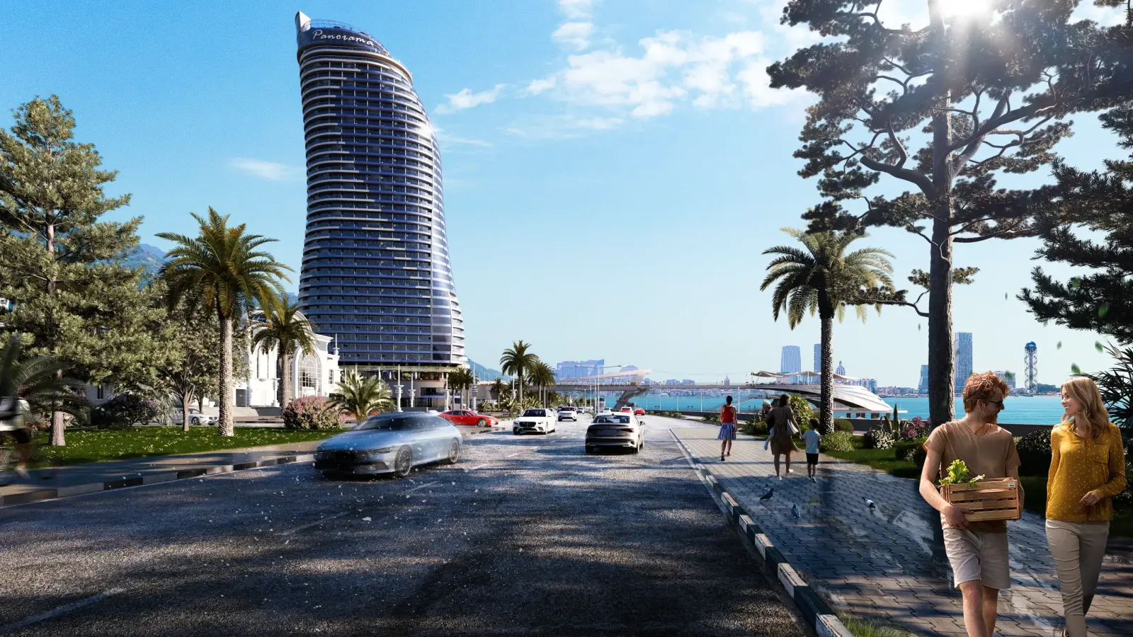 Panorama Batumi tower by day, waterfront avenue view