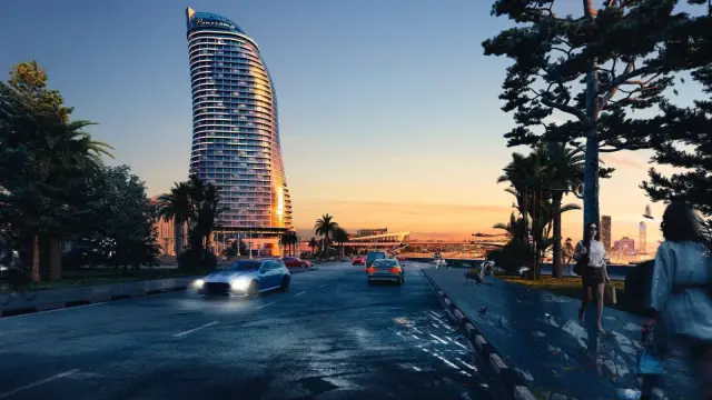 Panorama Batumi tower at dusk, street-level view