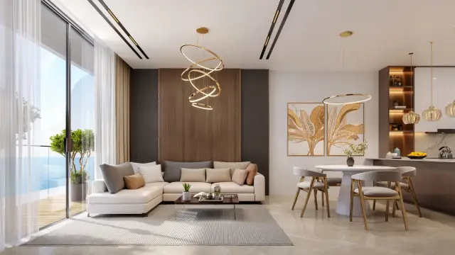 Living and dining area render with sea view