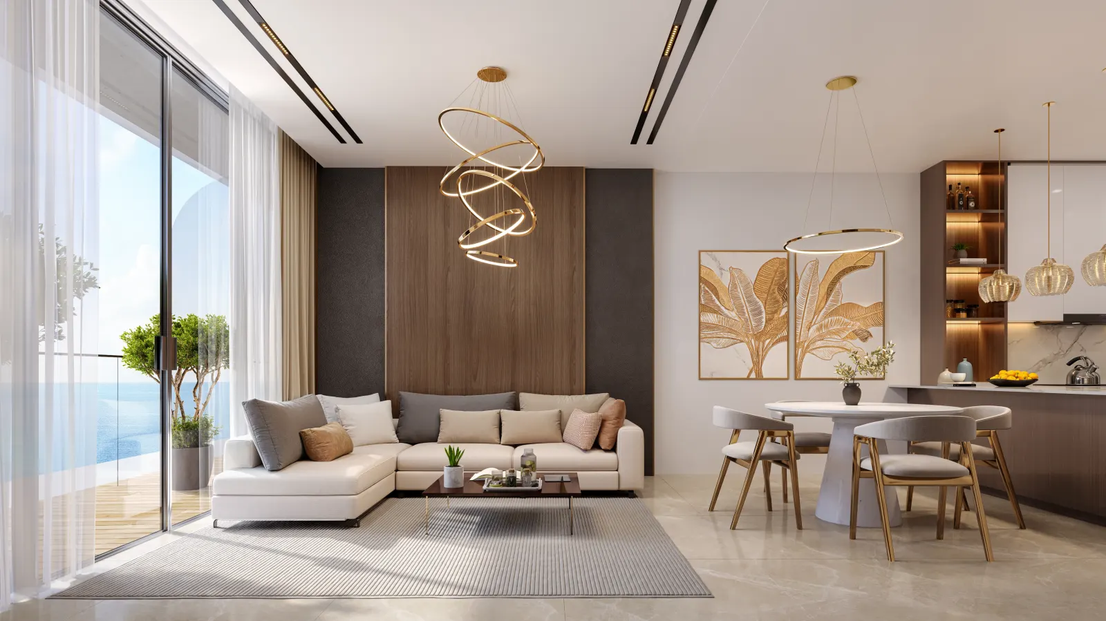 Living and dining area render with sea view