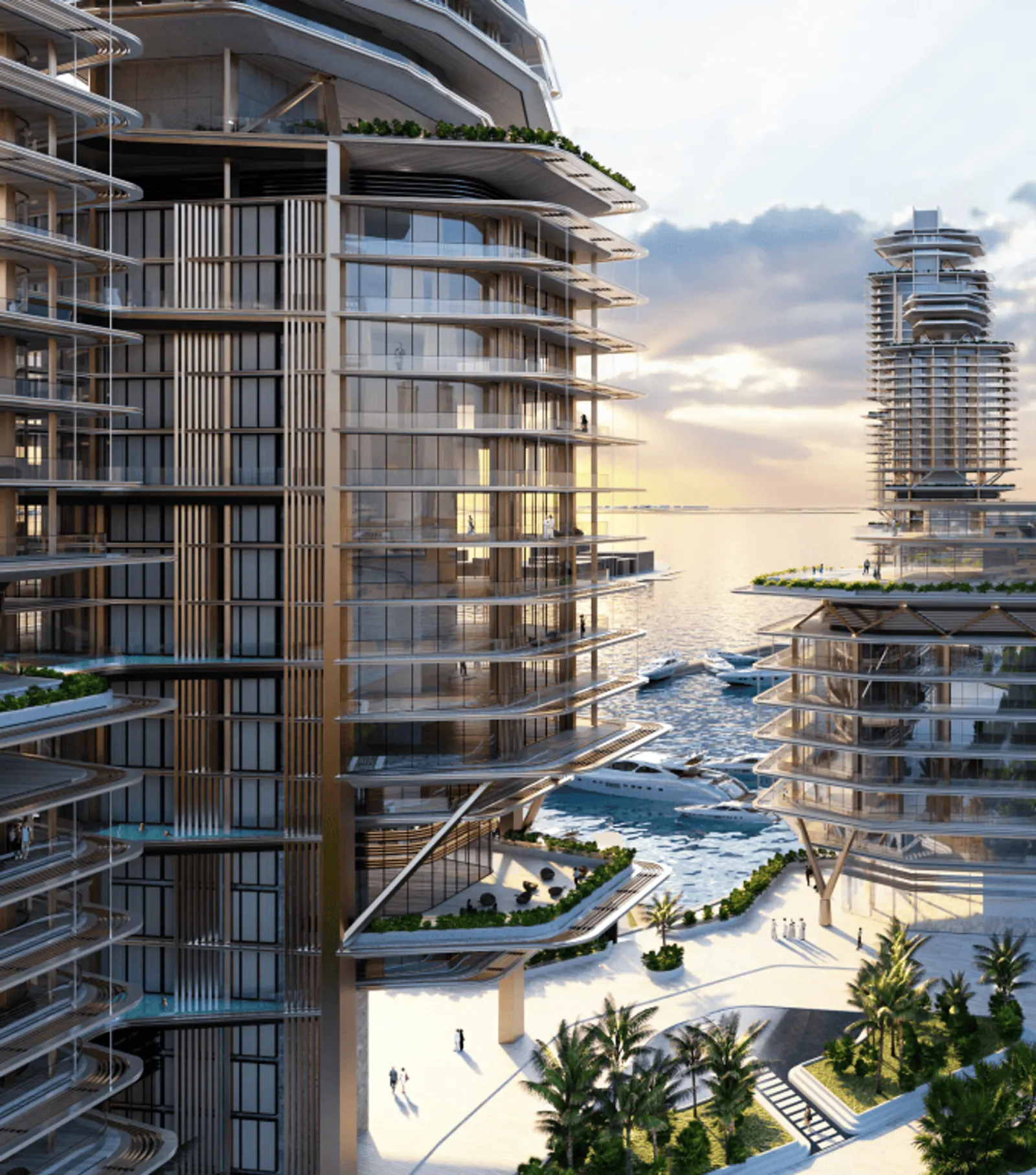 The Peninsula Dubai Residences towers and marina, dusk view