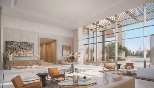 The Peninsula Dubai Residences bedroom interior with skyline view