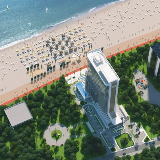 Aerial render of Pontus Rotana Resort & Spa beach and tower