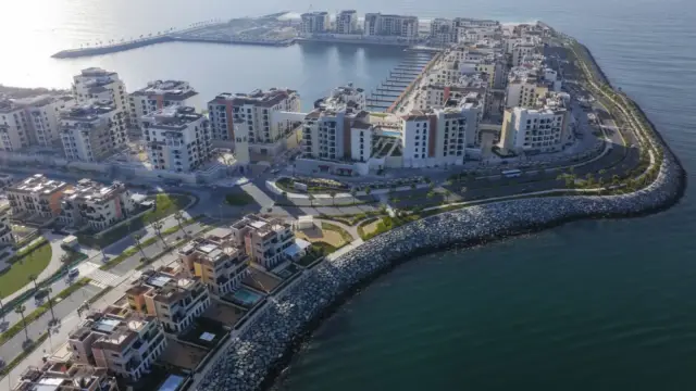 Aerial view of Port de La Mer peninsula and marina