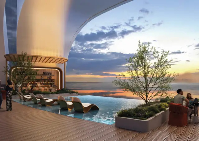 Rooftop pool bar at sunset