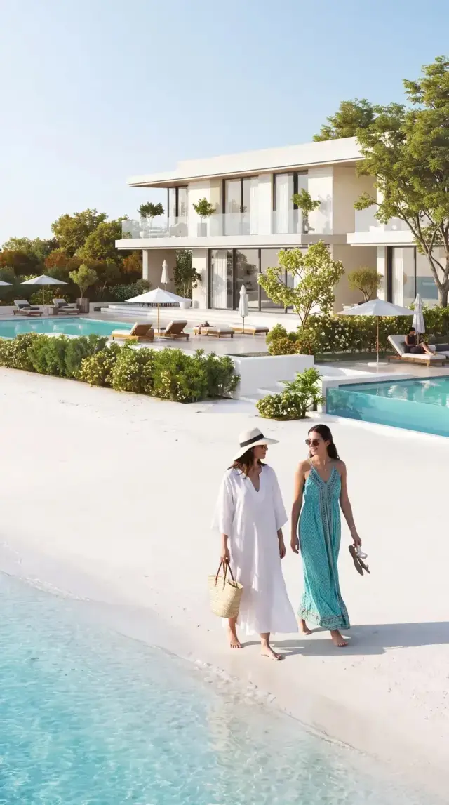 Residents walking the beach in front of a villa and pool