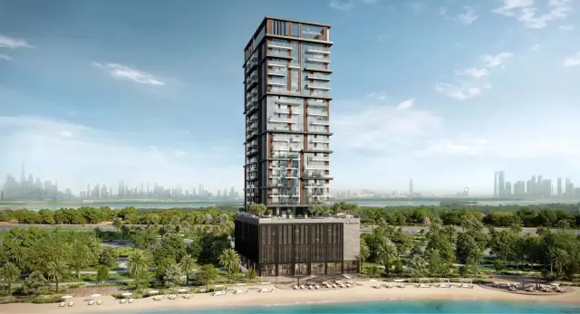 Riverton House tower exterior with Dubai skyline and beachfront