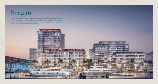 Seagate marina promenade with yachts at dusk