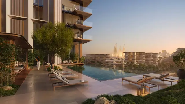 Street level view of Sei Saadiyat buildings and gardens