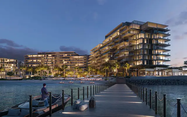 Six Senses Residences The Palm, evening exterior with private jetty
