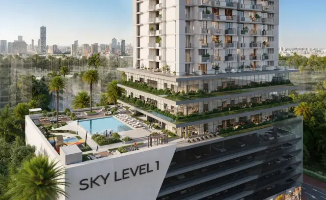 Sky Level 1 rooftop amenity deck with pool and skyline view