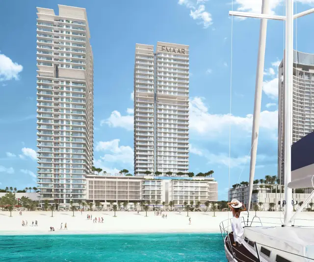 Sunrise Bay twin towers on the beachfront of Emaar Beachfront seen from the water