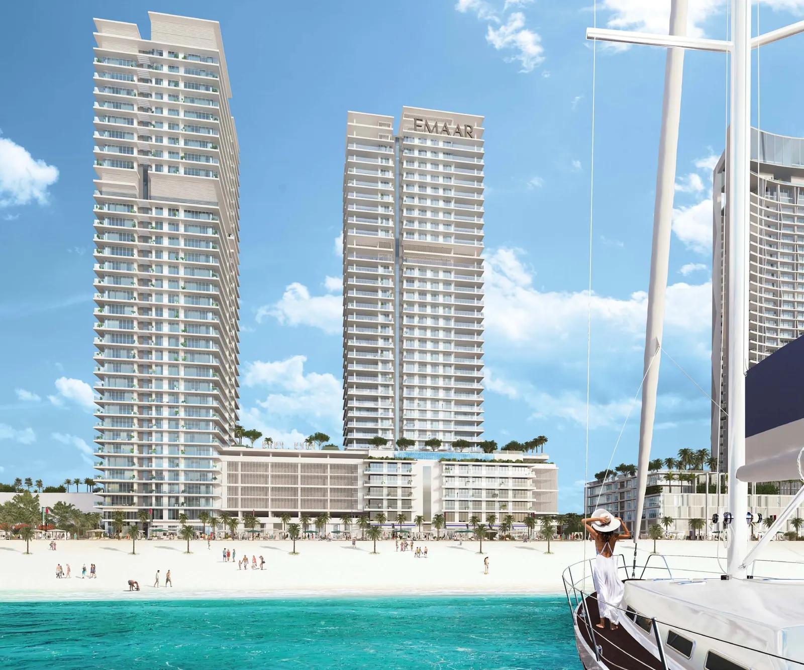 Sunrise Bay twin towers on the beachfront of Emaar Beachfront seen from the water