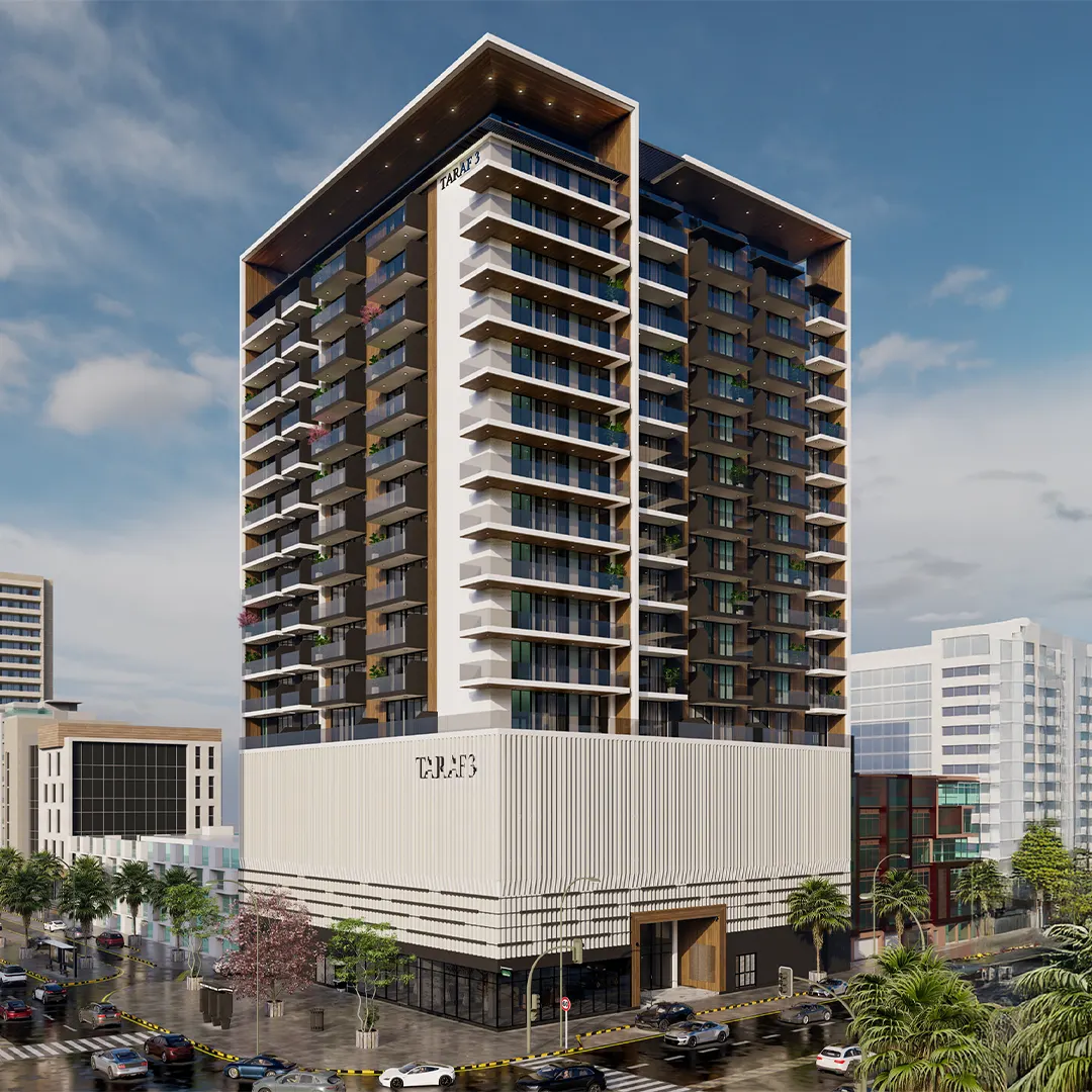Taraf 3 Residence tower in Jumeirah Village Circle, with its white podium and glazed residential floors