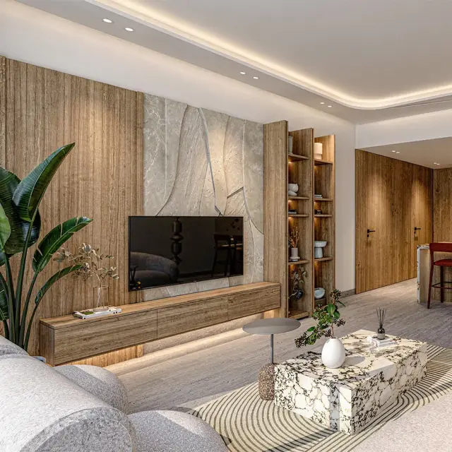 Living room in a Taraf 3 Residence apartment with warm wood paneling