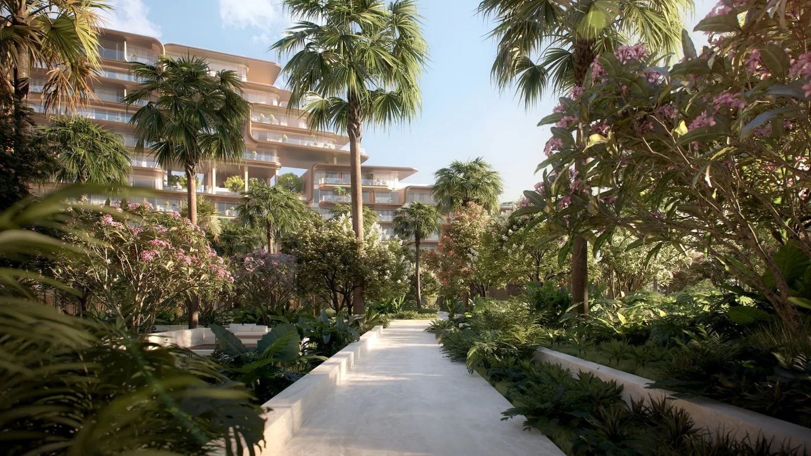 The Alba Resort Residences garden walkway with residential towers
