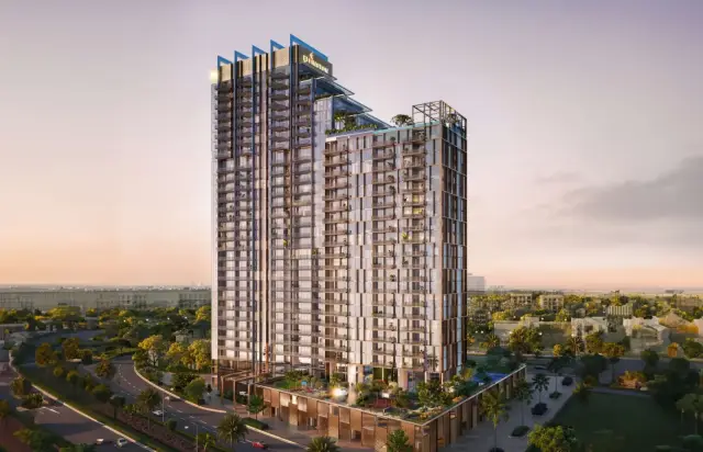 The Highbury tower exterior at dusk, Mohammed Bin Rashid City