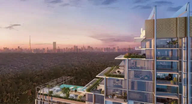 The Highbury rooftop terrace at dusk with Dubai skyline view