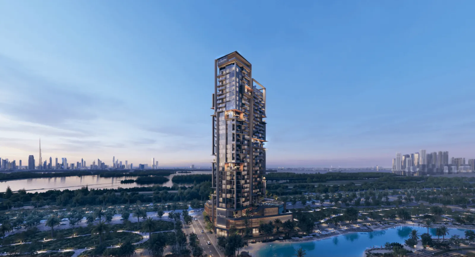 The Highgrove tower exterior at dusk, Mohammed Bin Rashid City