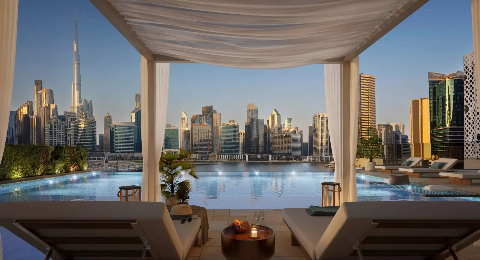The Quayside poolside cabana with Dubai skyline and Burj Khalifa view