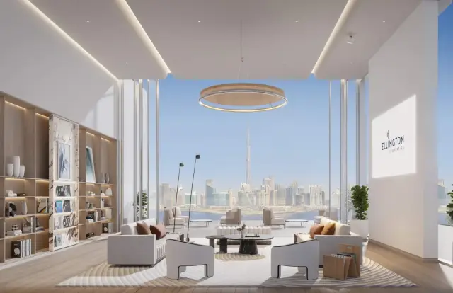 The Quayside, living room with Downtown Dubai view