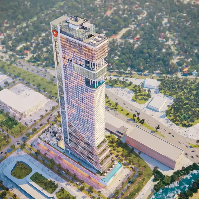 Tonino Lamborghini Tower Batumi daytime aerial with helipad and pool deck