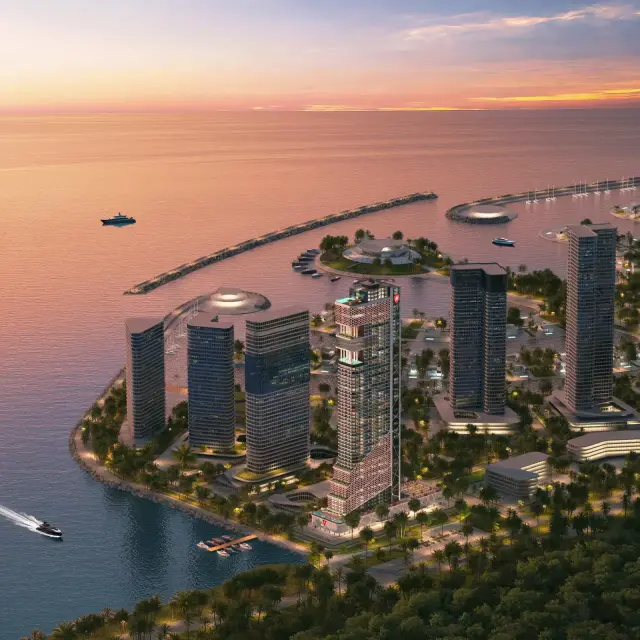 Batumi Island sunset aerial with Tonino Lamborghini Tower and yachts