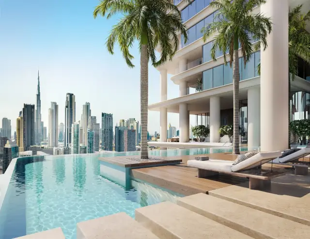 VELA Viento, living room with Burj Khalifa view