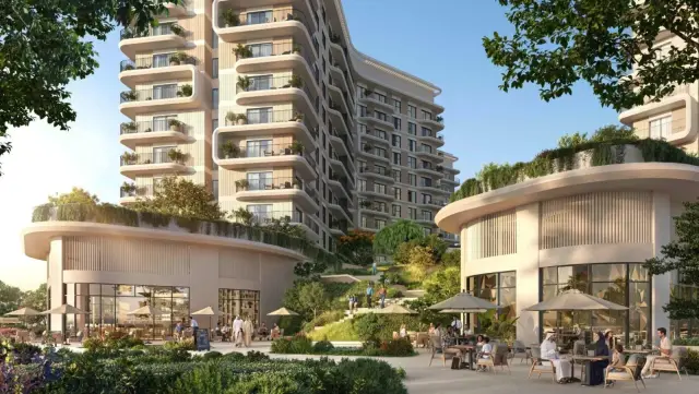 Yas Park Place exterior render with mid-rise buildings and ground-level retail promenade