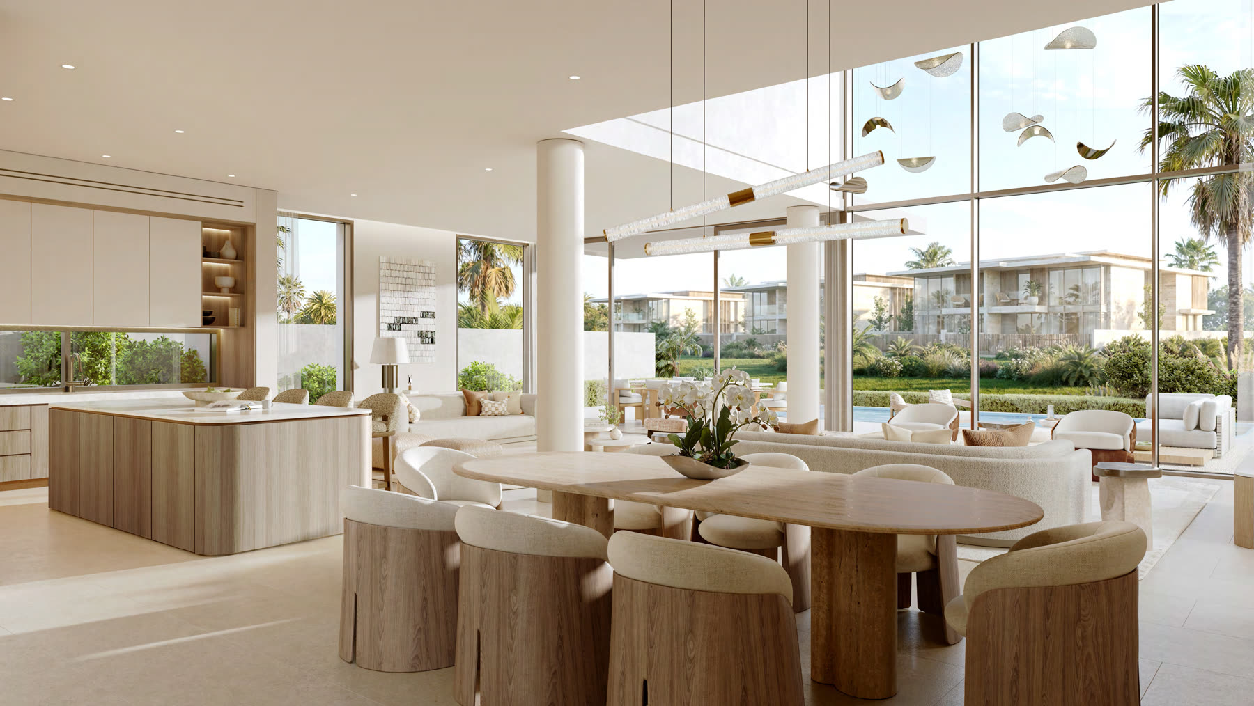 Garden villa living, dining and kitchen