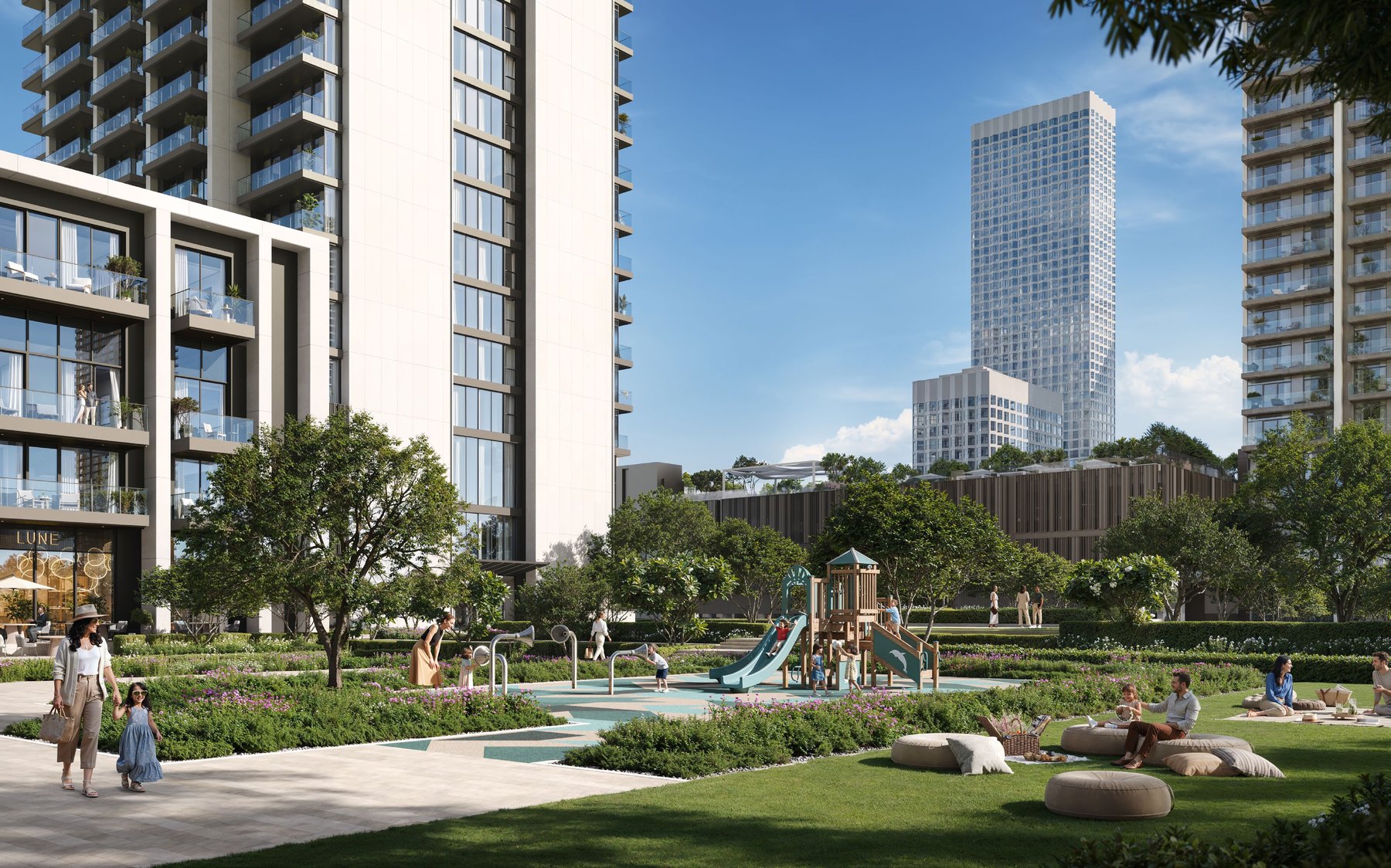 The community park at the foot of the tower